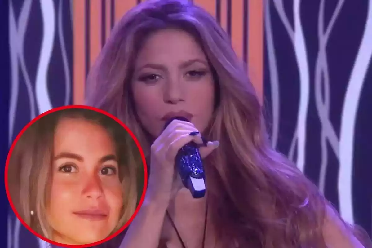 Montaje con una imagen de Shakira cantando y en la esquina inferior izquierda, dentro de un círculo, la cara de Clara Chía