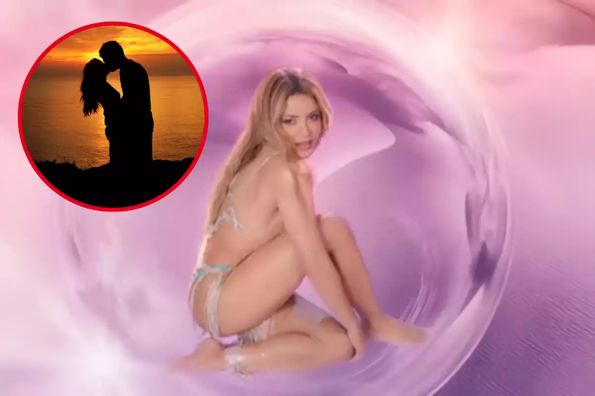 Montaje con una imagen de Shakira en el videoclip "Puntería". A la izquierda una imagen con una pareja besándose