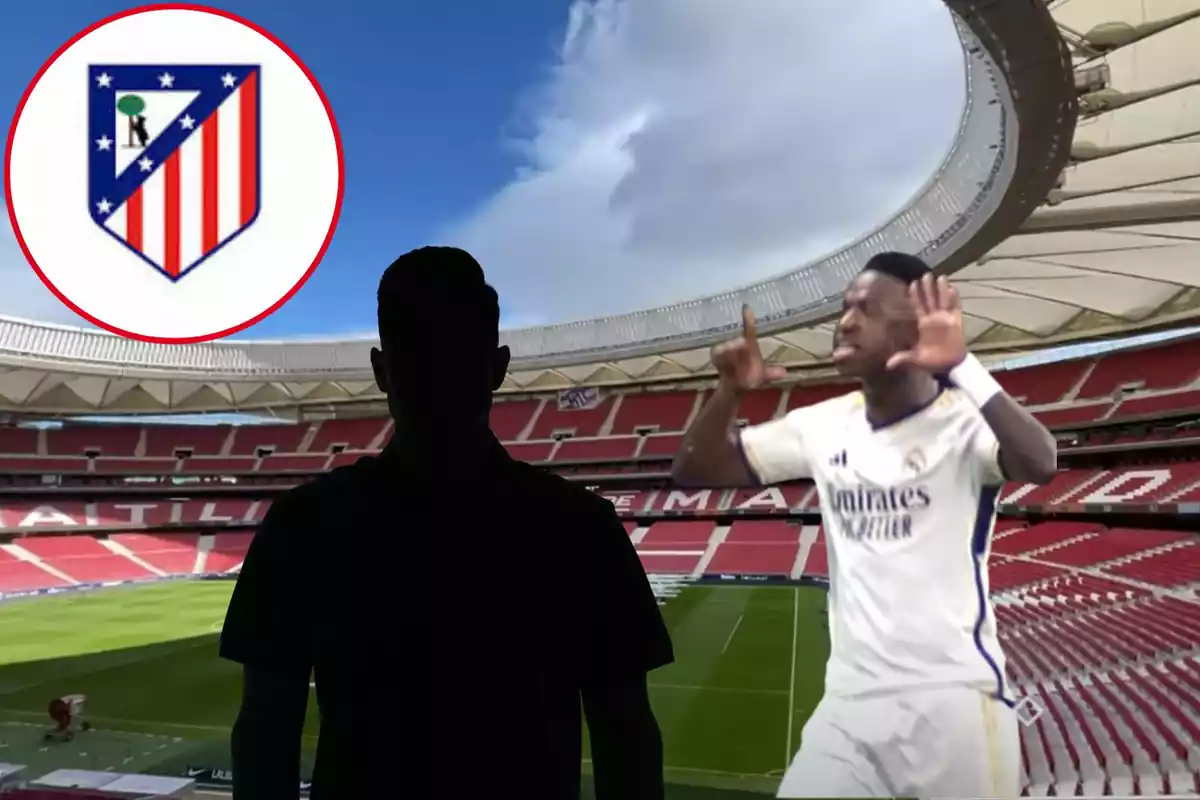 Montage con el estadio Wanda Metropolitano donde se ve una figura negra, a su derecha Vinicius Junior y un círculo con el escudo del Atlético de Madrid arriba a la izquierda