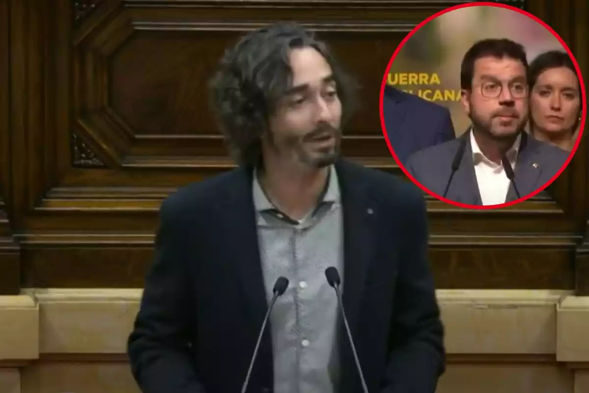 Montage con Carles Castillo en el Parlament de Catalunya y un círculo con Pere Aragoné arriba a la derecha