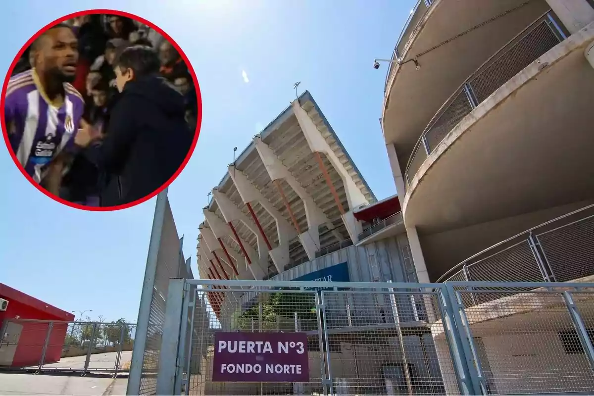 Montaje con una imagen del exterior de Son Moix y en la esquina superior izquierda, dentro de un círculo, Cyle Larin durante un partido con el Valladolid hace dos temporadas