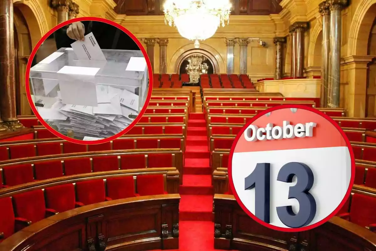 Una urna de votación y un calendario con la fecha 13 de octubre sobrepuestos en una imagen de un parlamento vacío.