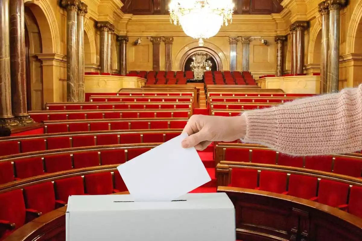 Montaje con una imagen del Parlament de Catalunya y en primer término una persona metiendo una papeleta en una urna