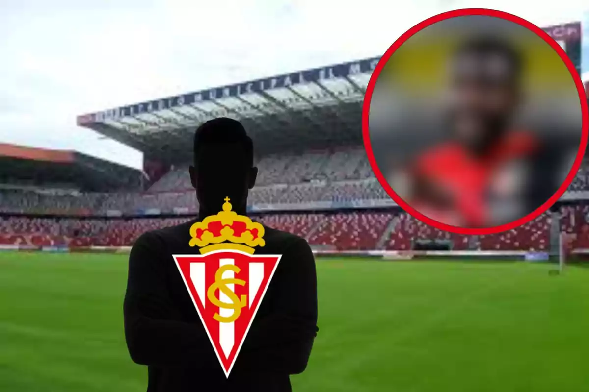 Silueta de una persona con el logo del Sporting de Gijón en un estadio de fútbol con una imagen borrosa en un círculo rojo en la esquina superior derecha.