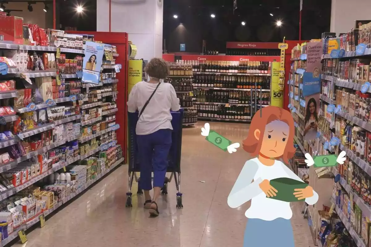 Montaje con una imagen de una mujer, de espaldas, comprando en el supermercado. A la derecha el dibujo de una mujer preocupada por la falta de dinero