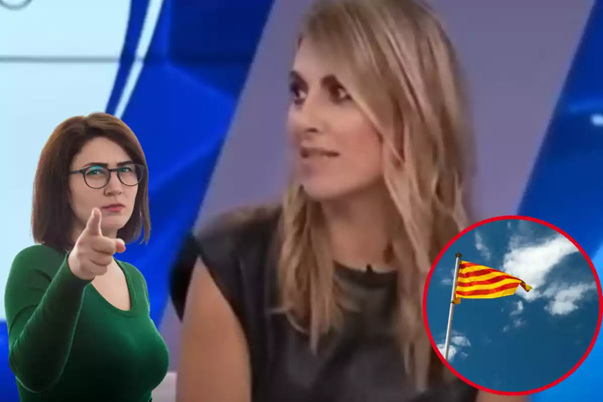 Montaje con una imagen de Susana Guasch durante una intervención televisiva. A la izquierda una imagen con una mujer señalando. A la derecha una imagen con una bandera catalana