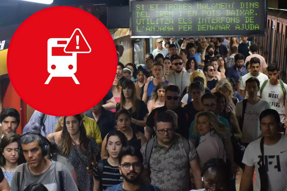 Una multitud de personas en una estación de tren con un símbolo de advertencia de tren en un círculo rojo en primer plano.