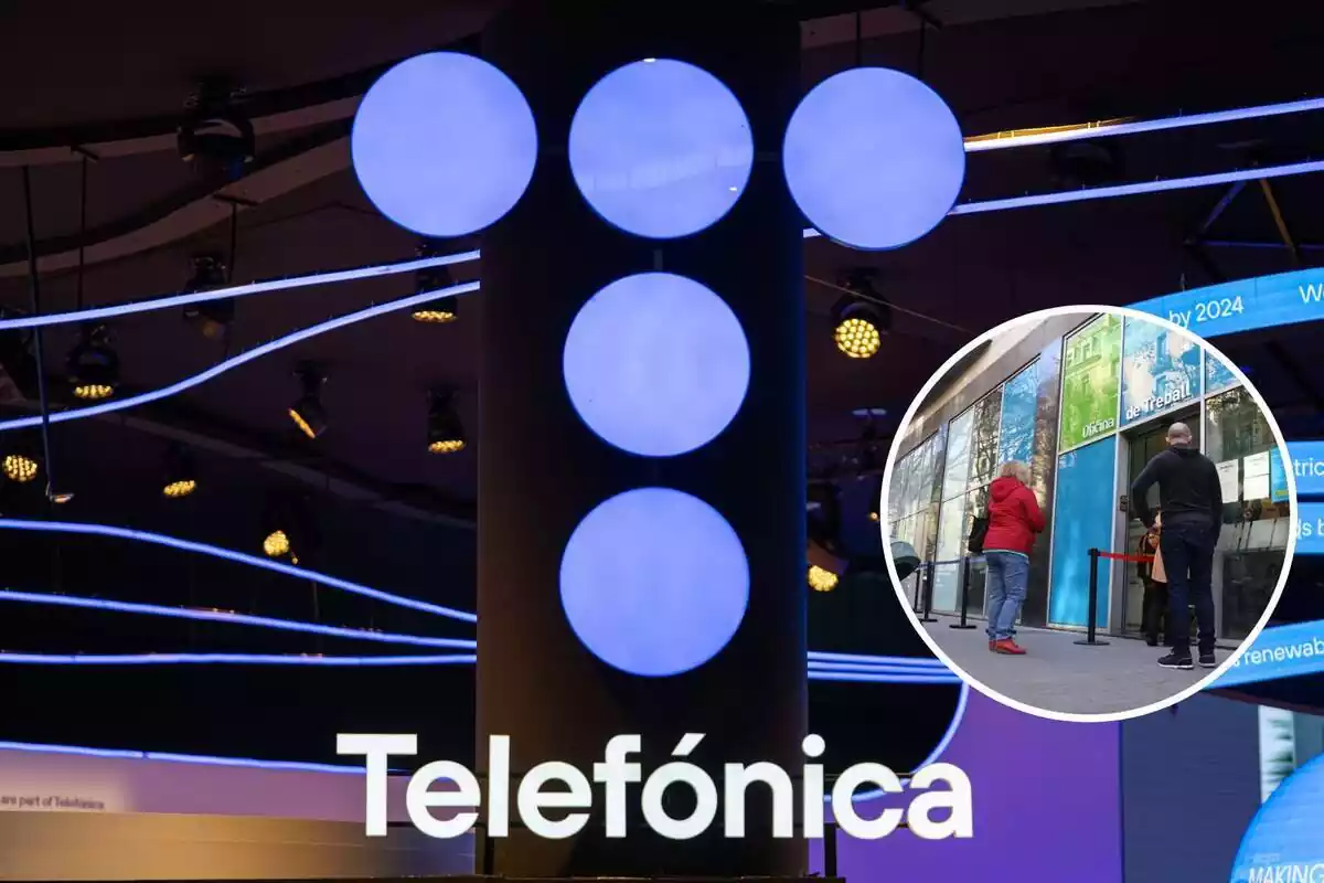 Montaje con el logo de Telefónica en primer termino y una oficina del paro en segundo