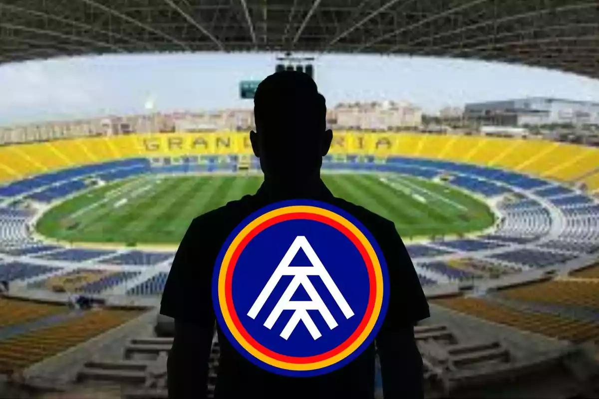 Montage con el Estadio de Gran Canaria, una sombra negra en el centro con un logo del Andorra CF