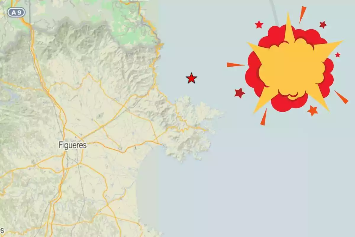 Montaje con una imagen de un mapa de la zona del terremoto y en la esquina superior derecha el emoticono de una explosión