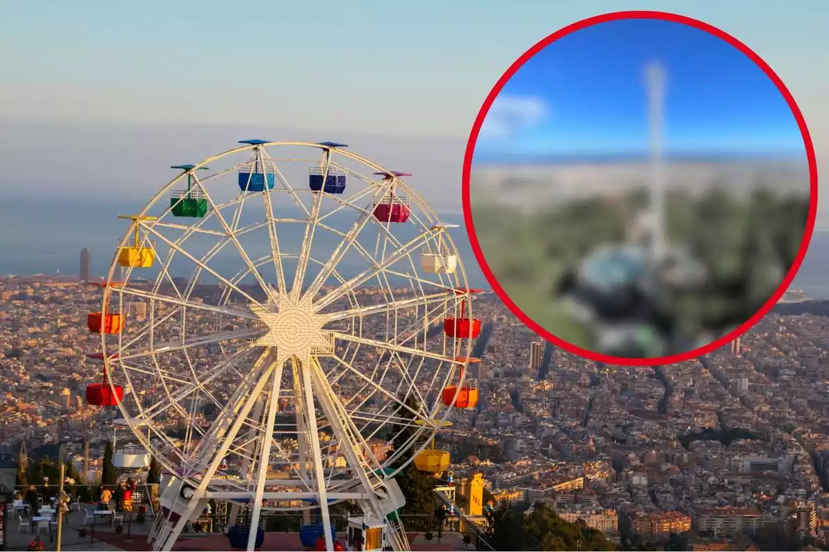 Montaje con una imagen de la noria del Tibidabo con la ciudad de Barcelona de fondo. En la esquina superior derecha, dentro de un círculo y difuminada, la imagen de la nueva atracción