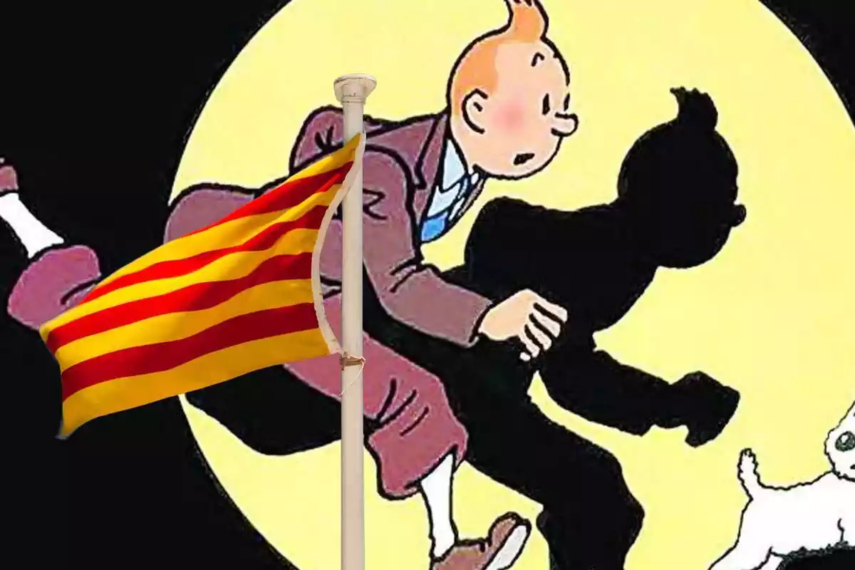 Montaje con una imagen de Tintin corriendo y una bandera catalana