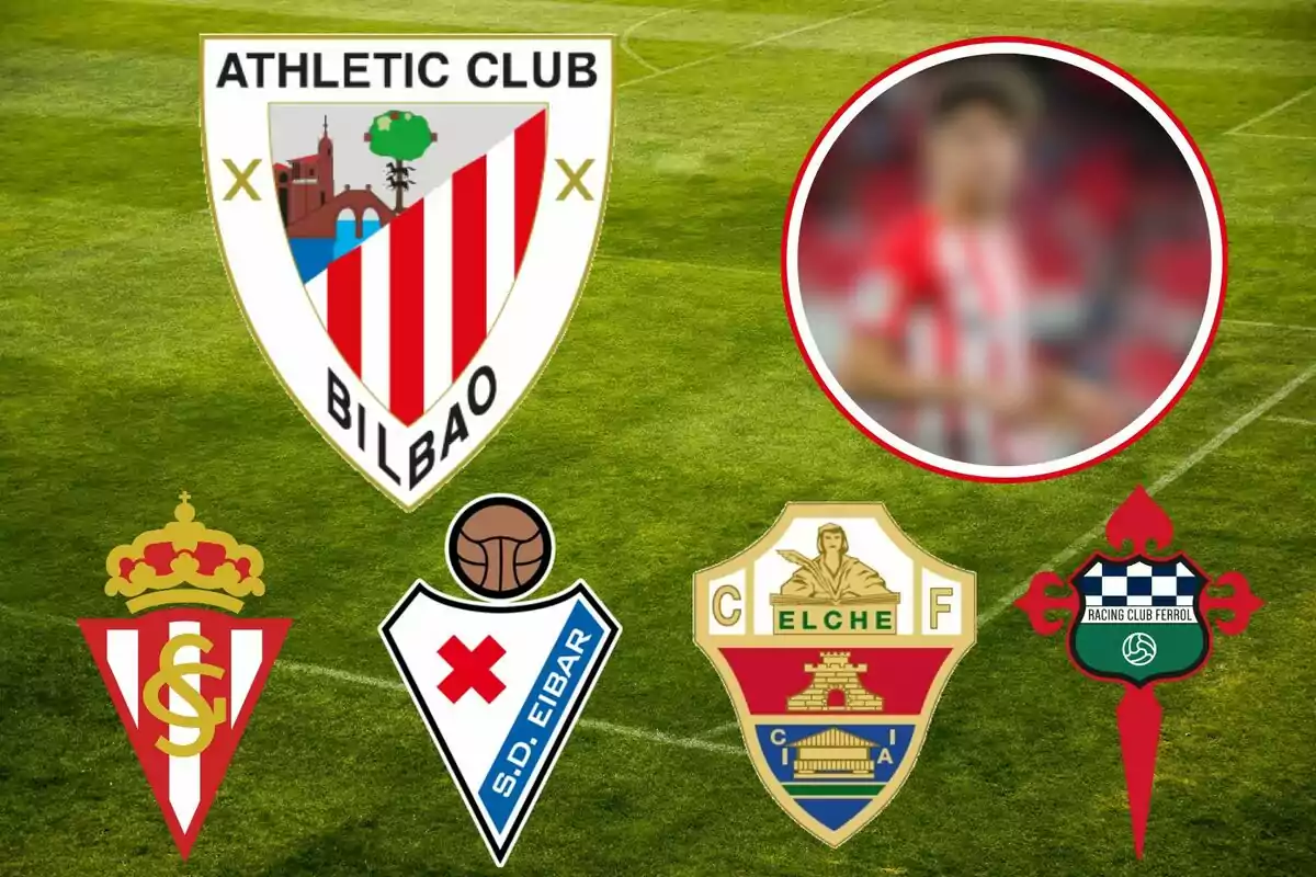 Escudos de los equipos de fútbol Athletic Club de Bilbao, Sporting de Gijón, SD Eibar, Elche CF y Racing Club de Ferrol sobre un campo de fútbol, con una imagen borrosa de un jugador en la esquina superior derecha.