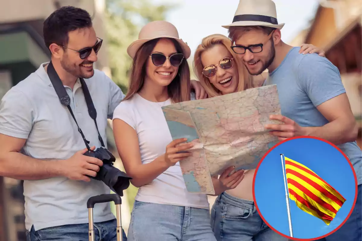 Montaje con una imagen de un grupo de jóvenes turistas consultando un mapa. A la derecha una imagen con la bandera de Catalunya