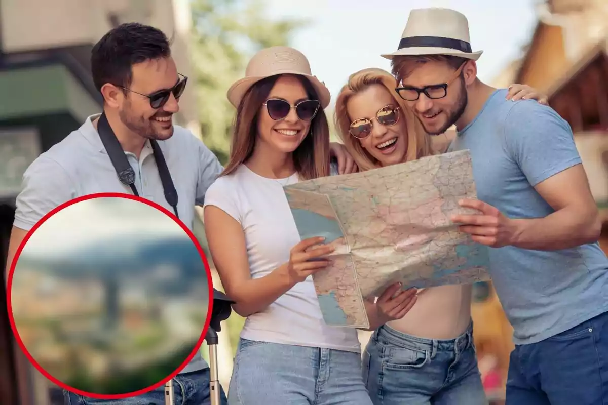 Montaje con una imagen de turistas mirando un mapa. En la esquina inferior izquierda, dentro de un círculo y difuminado, imagen de la ciudad de Bilbao