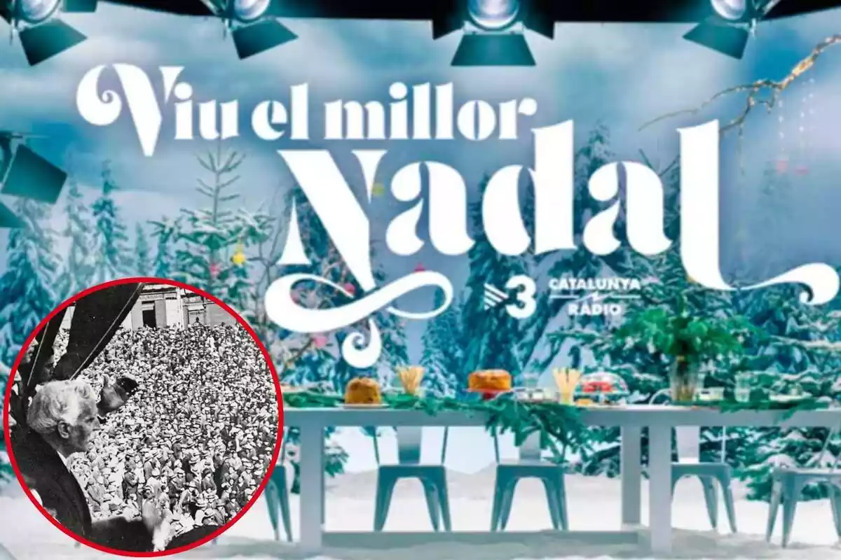 Montaje con la imagen promocional de la Navidad de TV3 y en la esquina inferior izquierda, dentro de un círculo, Francesc Macià dirigiéndose a una multitud
