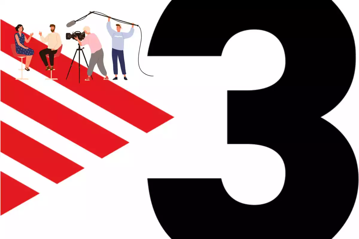 Montaje con una imagen del logo de TV3. A la derecha un emoticono con unos presentadores de televisión
