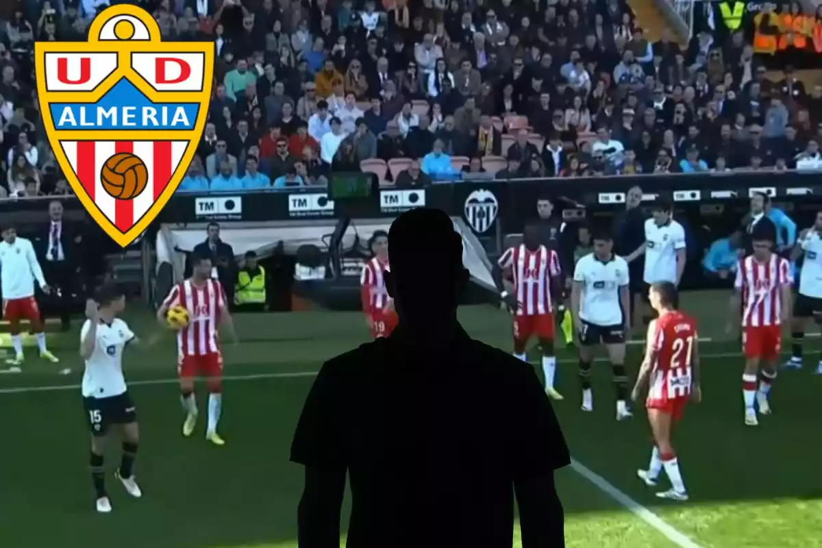 Montage con un partido de la UD Almería, el escudo del club arriba a la izquierda y una sombra negra en el centro