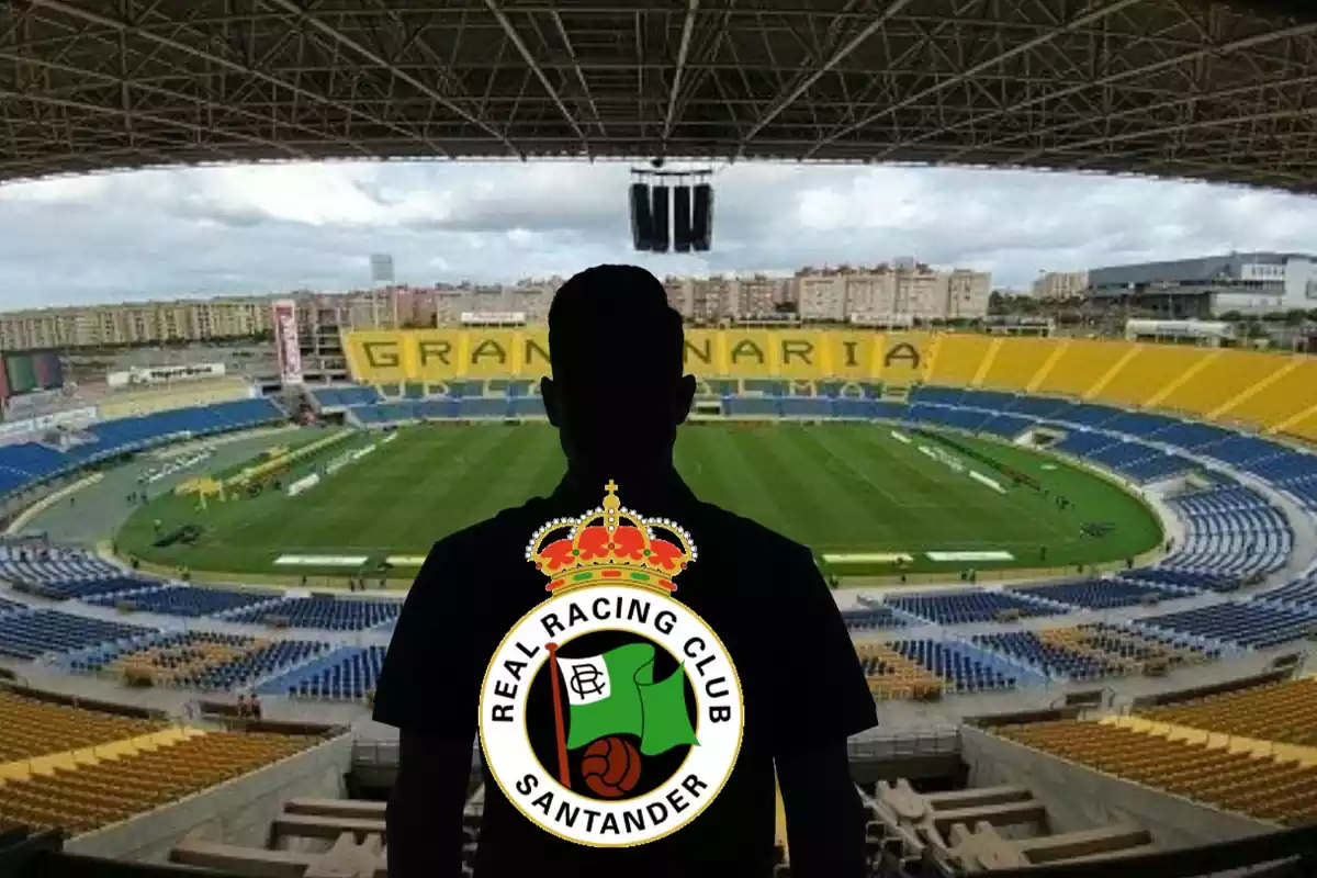 Montage con el Estadio de Gran Canario y una sombra negra en el centro con el escudo del Racing de Santander