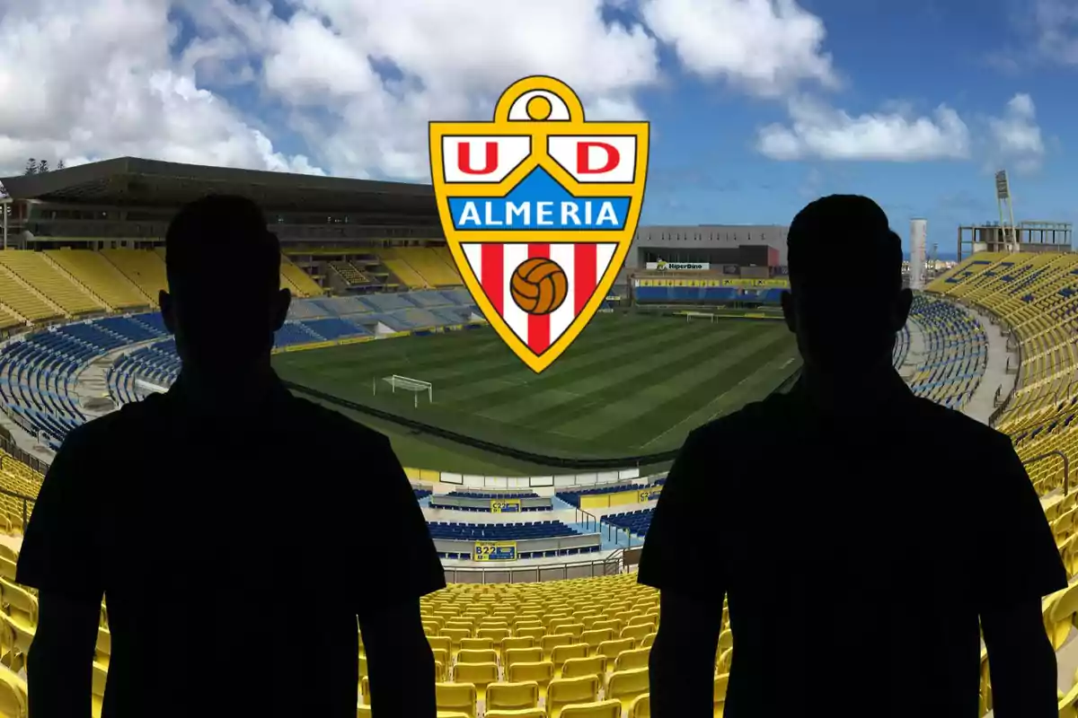 Montage del estadio de Gran Canaria con dos sombras negras, una a la izquierda y otra a la derecha, y el escudo del Almería en el centro