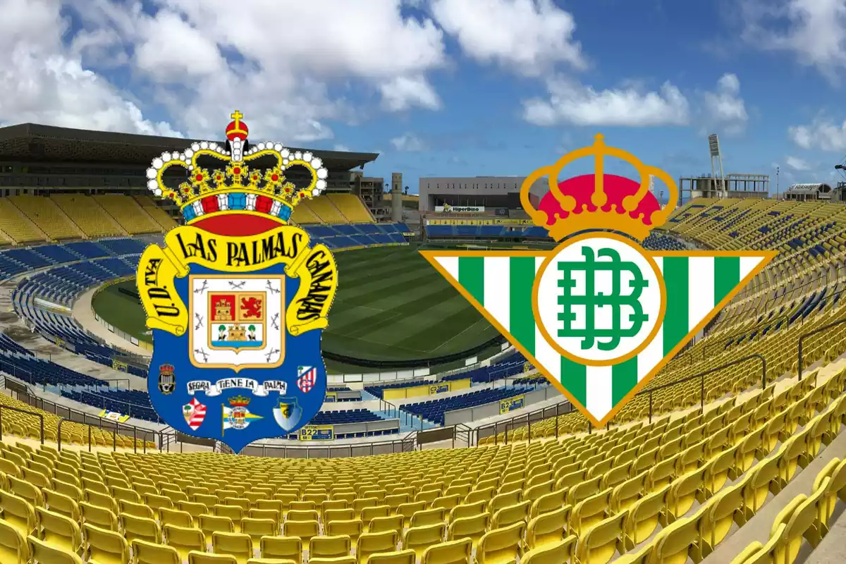 Montage con el estadio de Gran Canaria, y los escudos de la UD Las Palmas a la izquierda y el escudo del Real Betis a la derecha