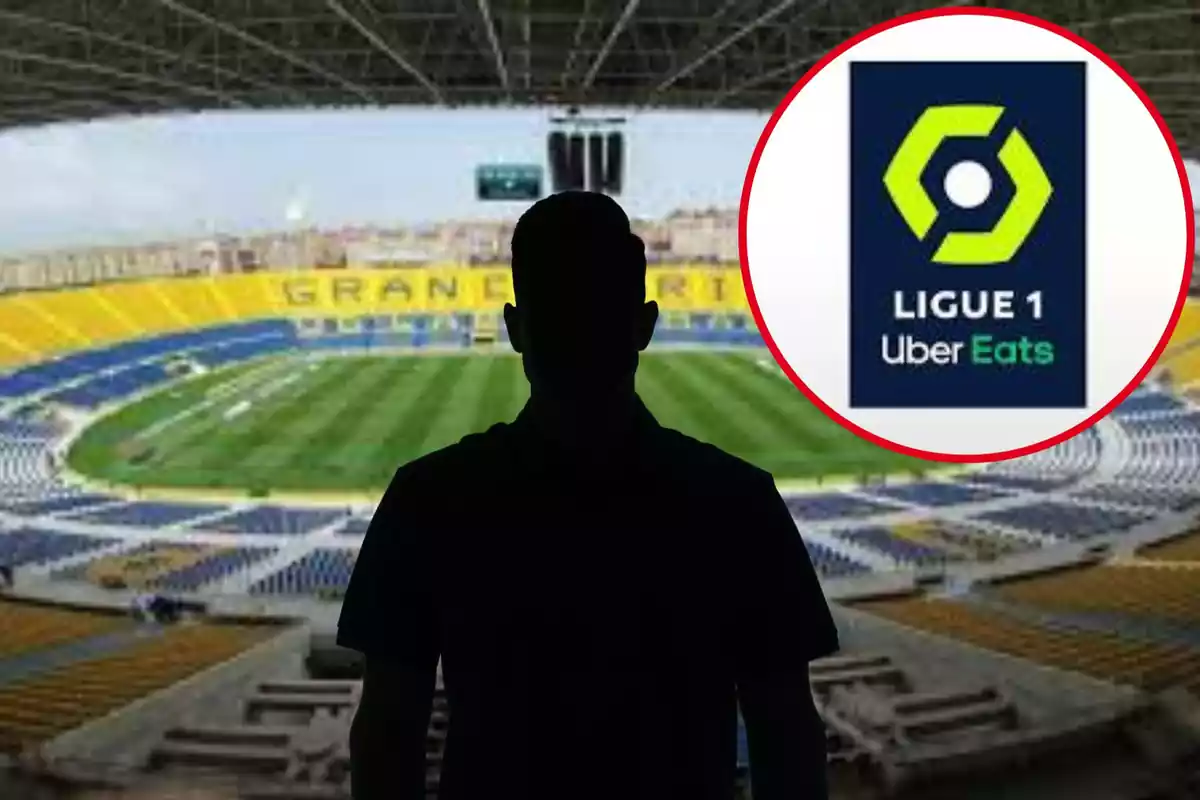 Montage con el Estadio de Gran Canaria, una sombra negra en el centro y un círculo con el logo de la Ligue 1 arriba a la derecha