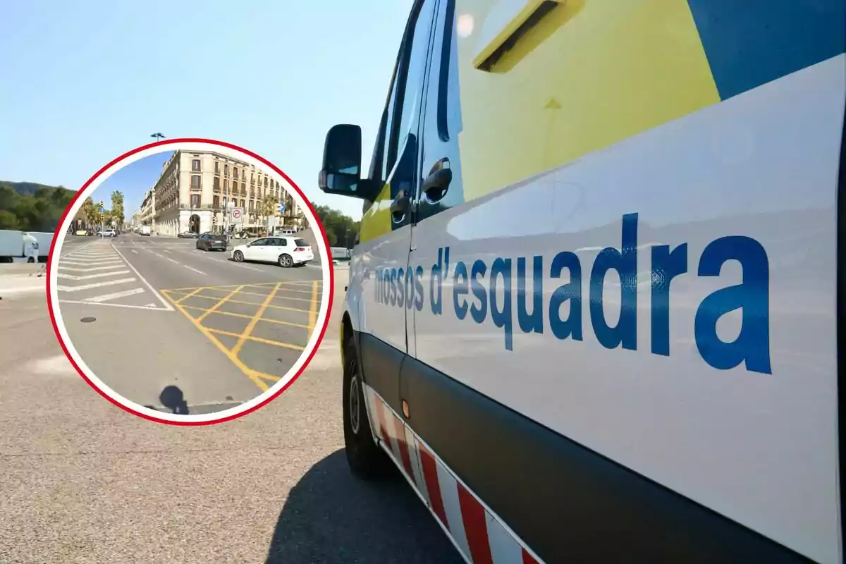 Una furgoneta de los Mossos d'Esquadra estacionada en una calle, con un recuadro que muestra una intersección vial.