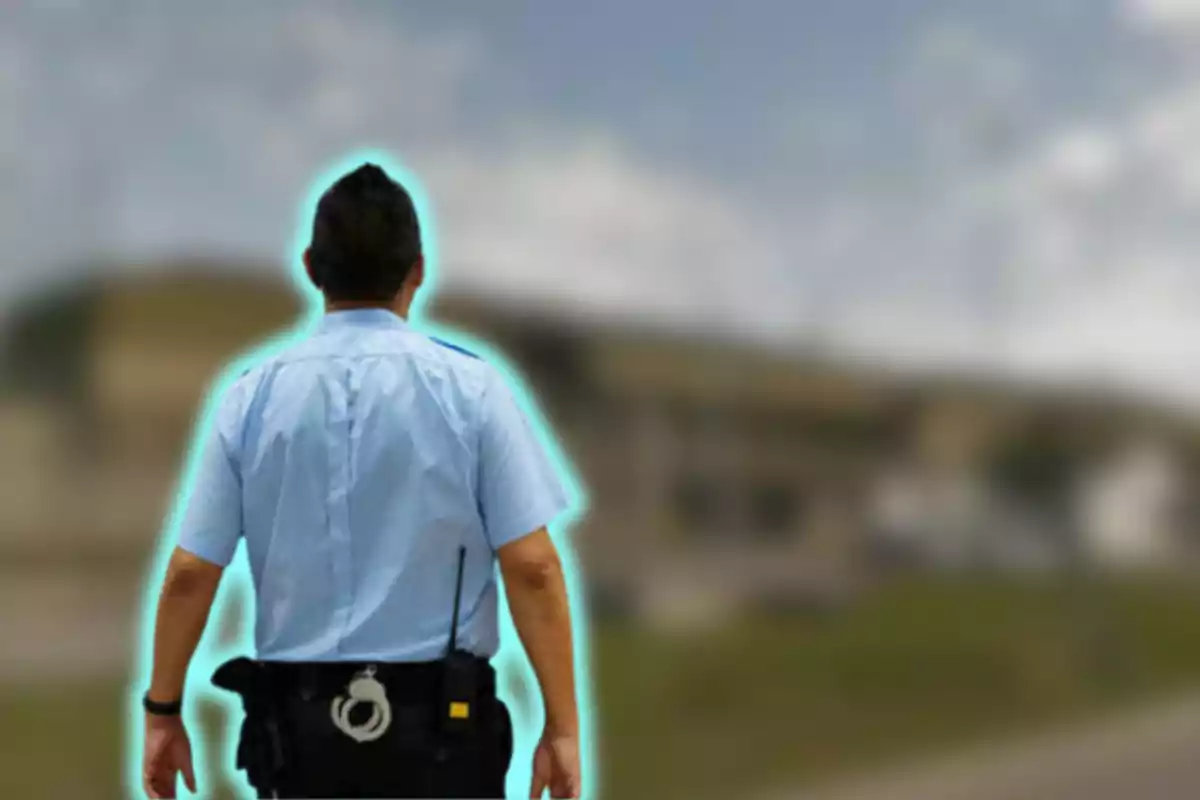 Un oficial de seguridad de espaldas, con uniforme azul claro y esposas en el cinturón, se encuentra de pie al aire libre con un fondo desenfocado.