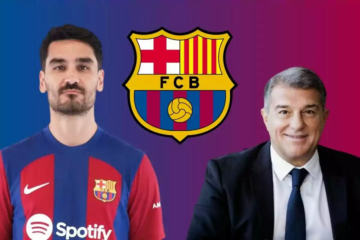 Un jugador del FC Barcelona con el uniforme del equipo y un hombre de traje sonriente, con el escudo del club en el centro.