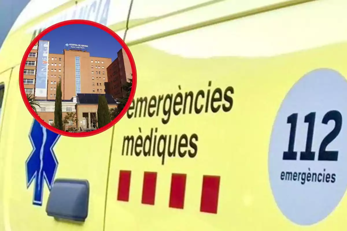 Una ambulancia amarilla con la inscripción "emergències mèdiques" y el número de emergencia 112, con una imagen circular superpuesta de un hospital.