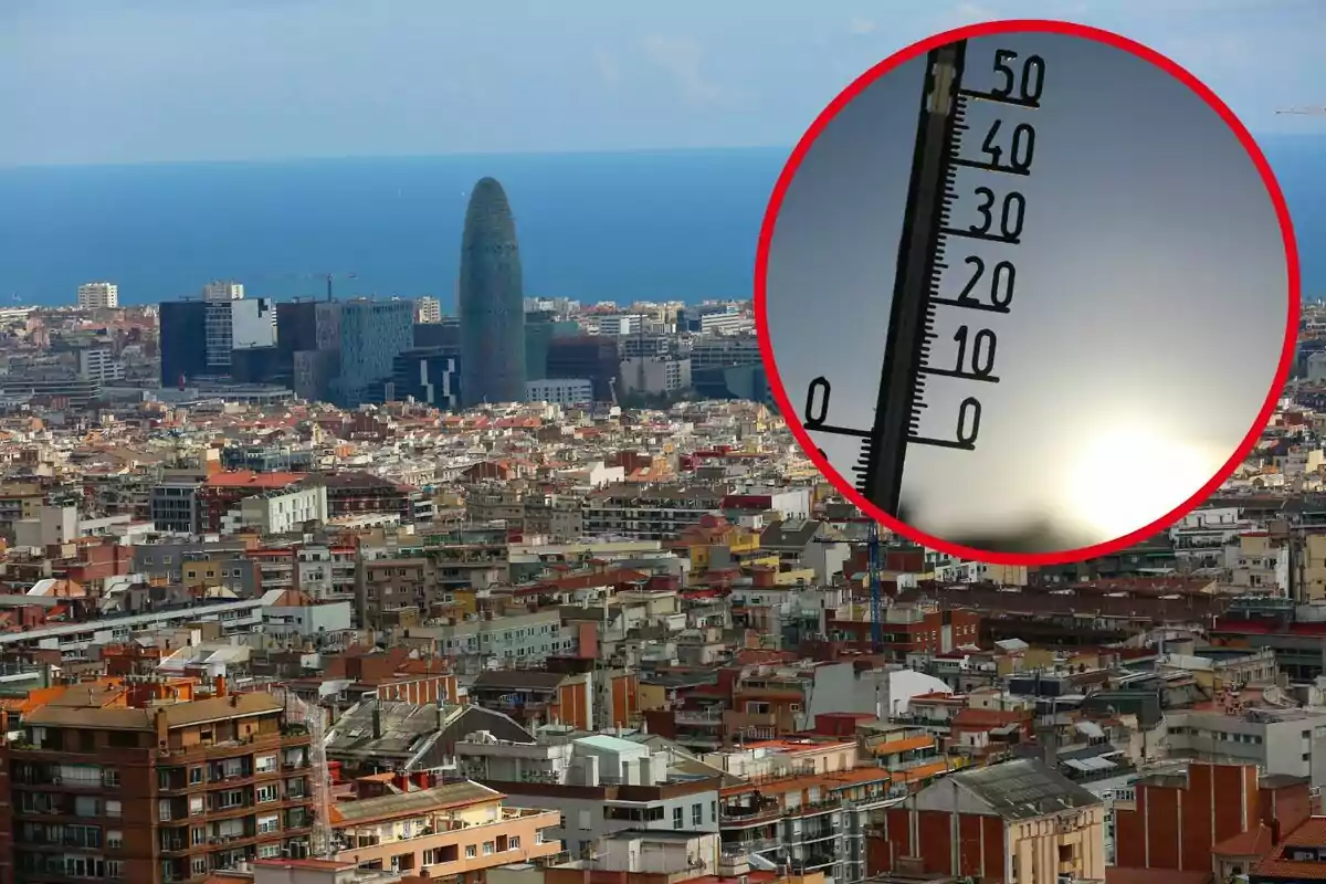 Vista panorámica de una ciudad con un termómetro en primer plano mostrando una temperatura alta.