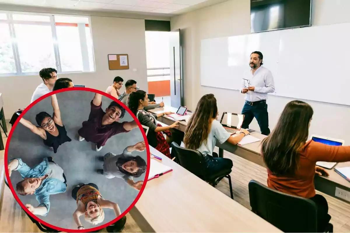 Montaje con una imagen de estudiantes en una clase. En la esquina inferior izquierda, dentro de un círculo, estudiantes contentos