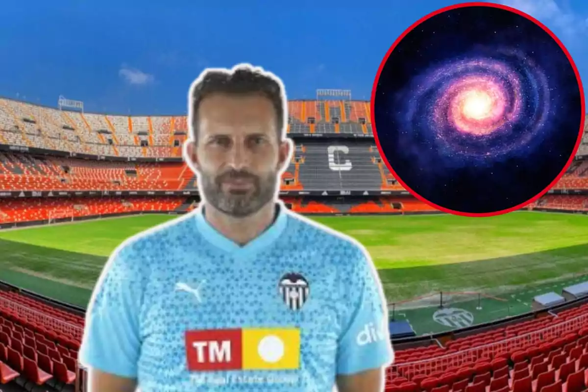 Montage con el estadio de Mestalla, Rubén Baraja en el centro de la imagen y un círculo con una galaxia arriba a la derecha