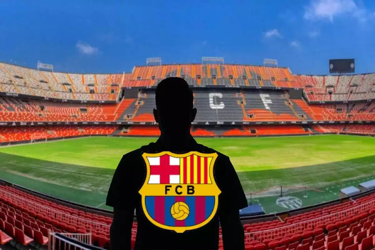 Montage con el Estadio de Mestalla y una sombra negra en el centro con el escudo del FC Barcelona