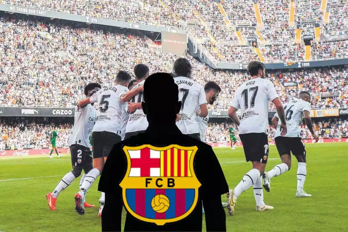 Montage con los jugadores del Valencia CF en Mestalla y una sombra negra en el centro con el escudo del Barça