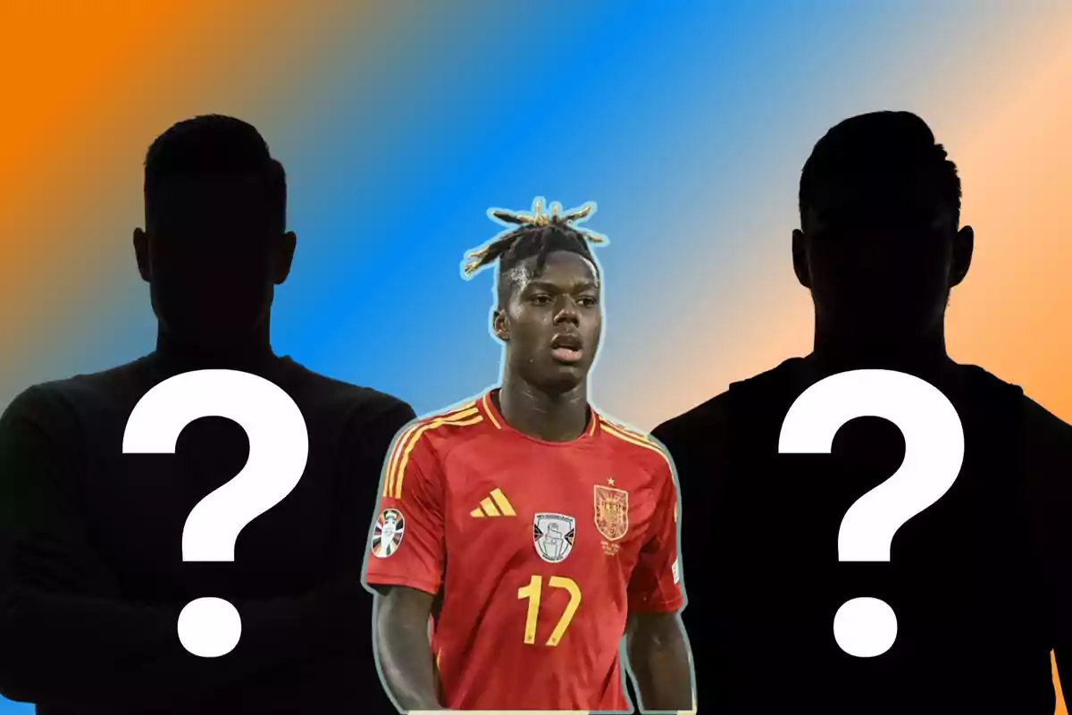 Jugador de fútbol con camiseta roja de la selección española entre dos siluetas con signos de interrogación.