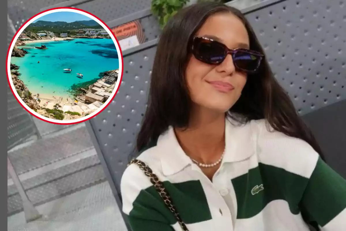 Montaje con una imagen de Victoria Federica durante un reportaje. A la izquierda una imagen de una playa de Ibiza