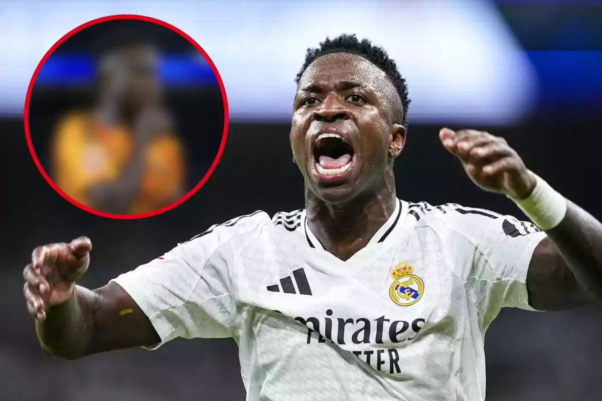 Un jugador de fútbol con la camiseta del Real Madrid celebra efusivamente en el campo, mientras en un círculo rojo en el fondo se ve una figura borrosa.