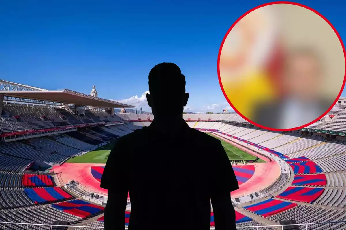 Montage con el estadio Lluís Companys, una sombra negra en el centro de la imagen y un círculo difuminado arriba a la derecha