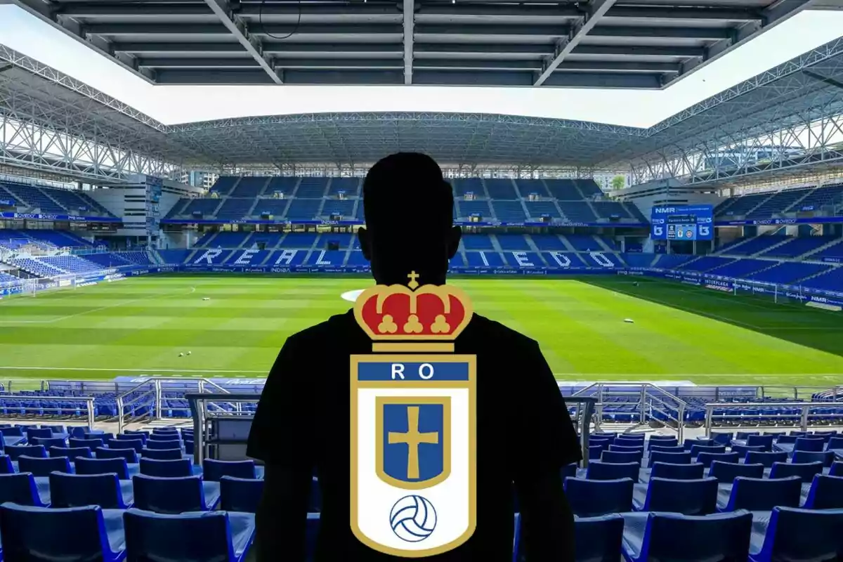 Montaje con una imagen del estadio del Real Oviedo de fondo. En primer término una sombra negra de hombre y en la esquina superior derecha, el escudo del Oviedo