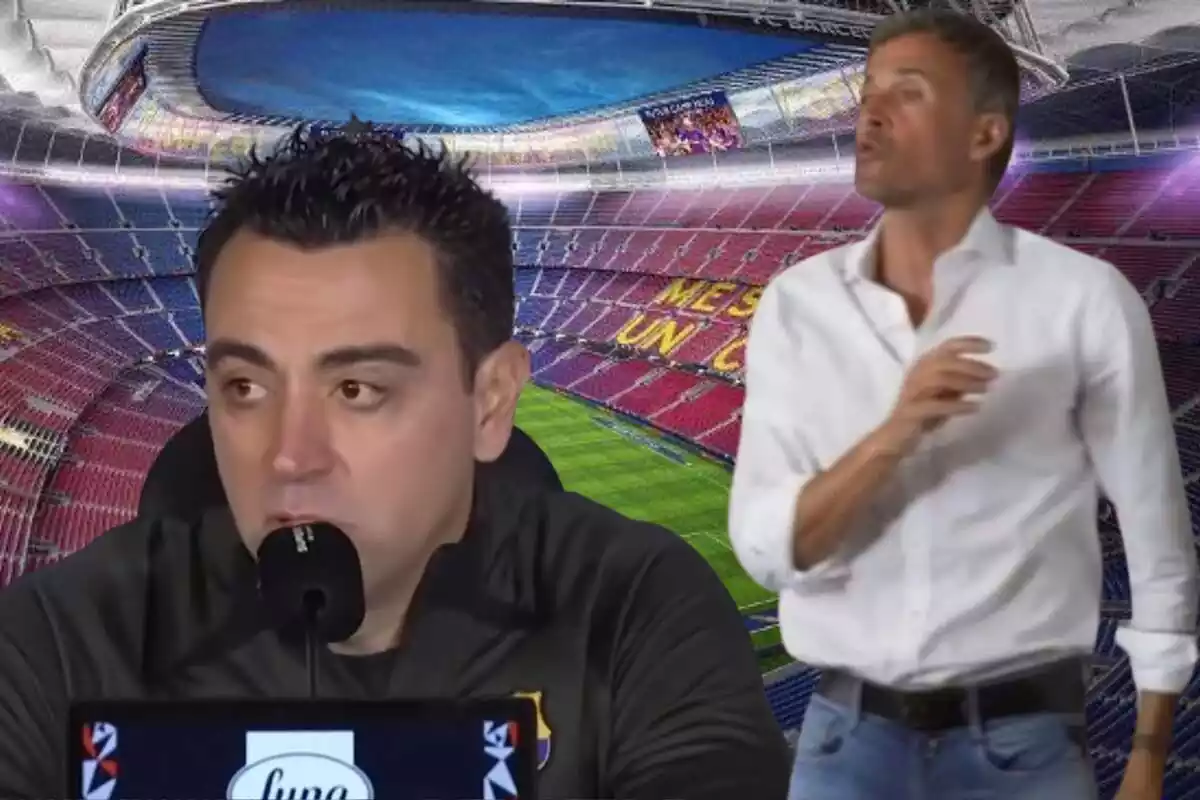 Montaje con una imagen del Camp Nou de fondo. En primer término, a la izquierda, Xavi Hernández atendiendo a la prensa. A la derecha, Luis Enrique hablando de pie