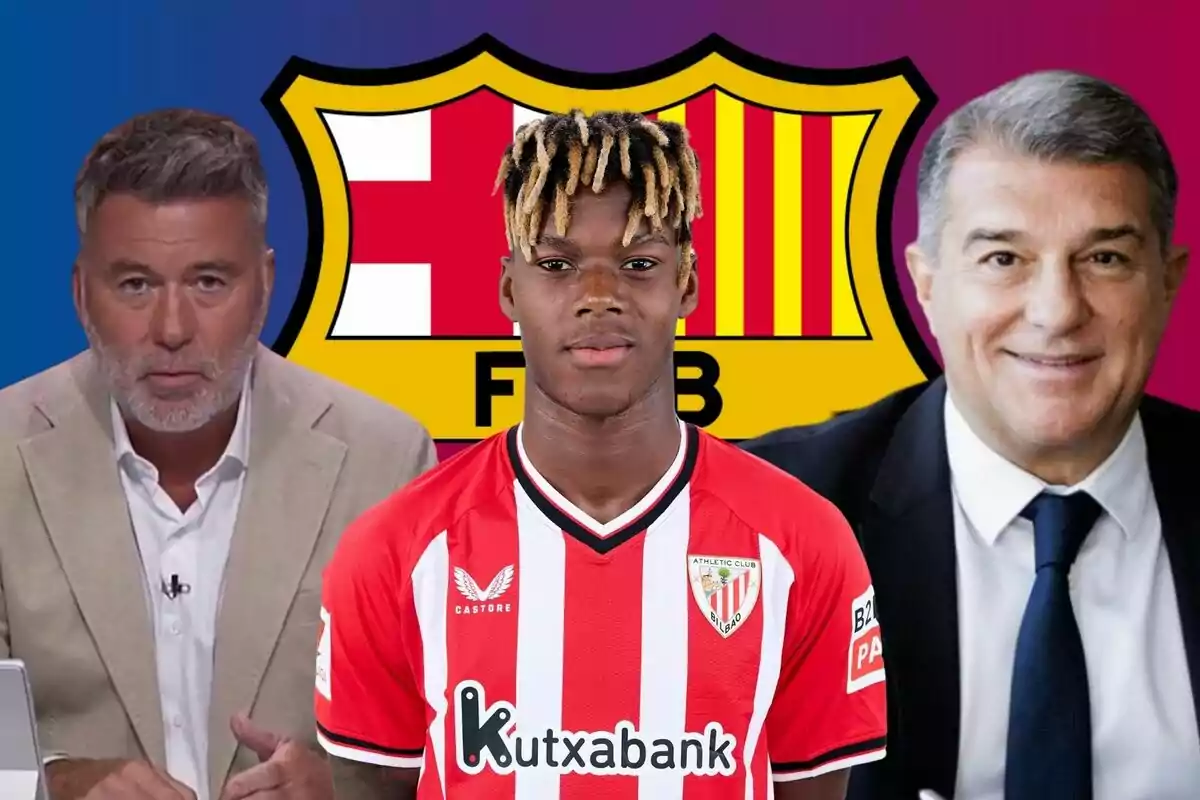 Tres hombres, uno con una chaqueta beige, otro con una camiseta de fútbol del Athletic Club de Bilbao y el tercero con traje y corbata, con el escudo del FC Barcelona de fondo.