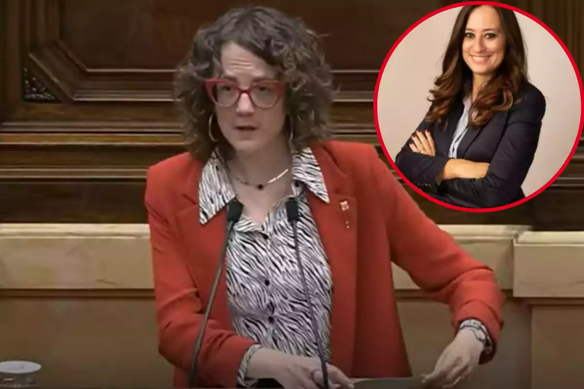 Montage con Tània Verge en el Parlament de Catalunya y un círculo con Aurora Fornós arriba a la derecha