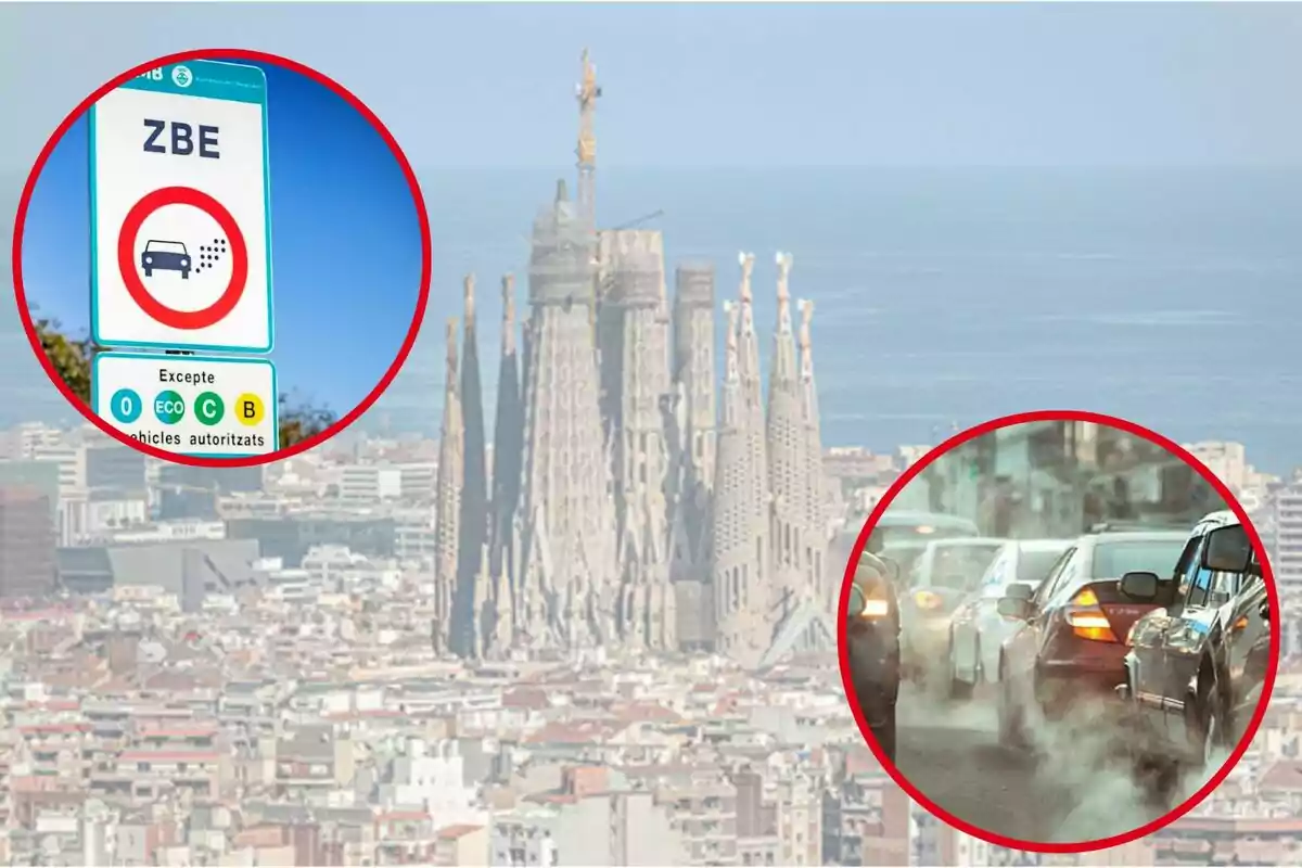 La imagen muestra una vista de la Sagrada Familia en Barcelona con dos círculos rojos superpuestos, uno con una señal de tráfico que indica una zona de bajas emisiones (ZBE) y otro con una imagen de coches emitiendo gases contaminantes.